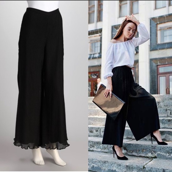 Samuel Dong Womens Black Wide Leg Palazzo Pants Size L Double Layer Flowy EUC - Picture 1 of 12